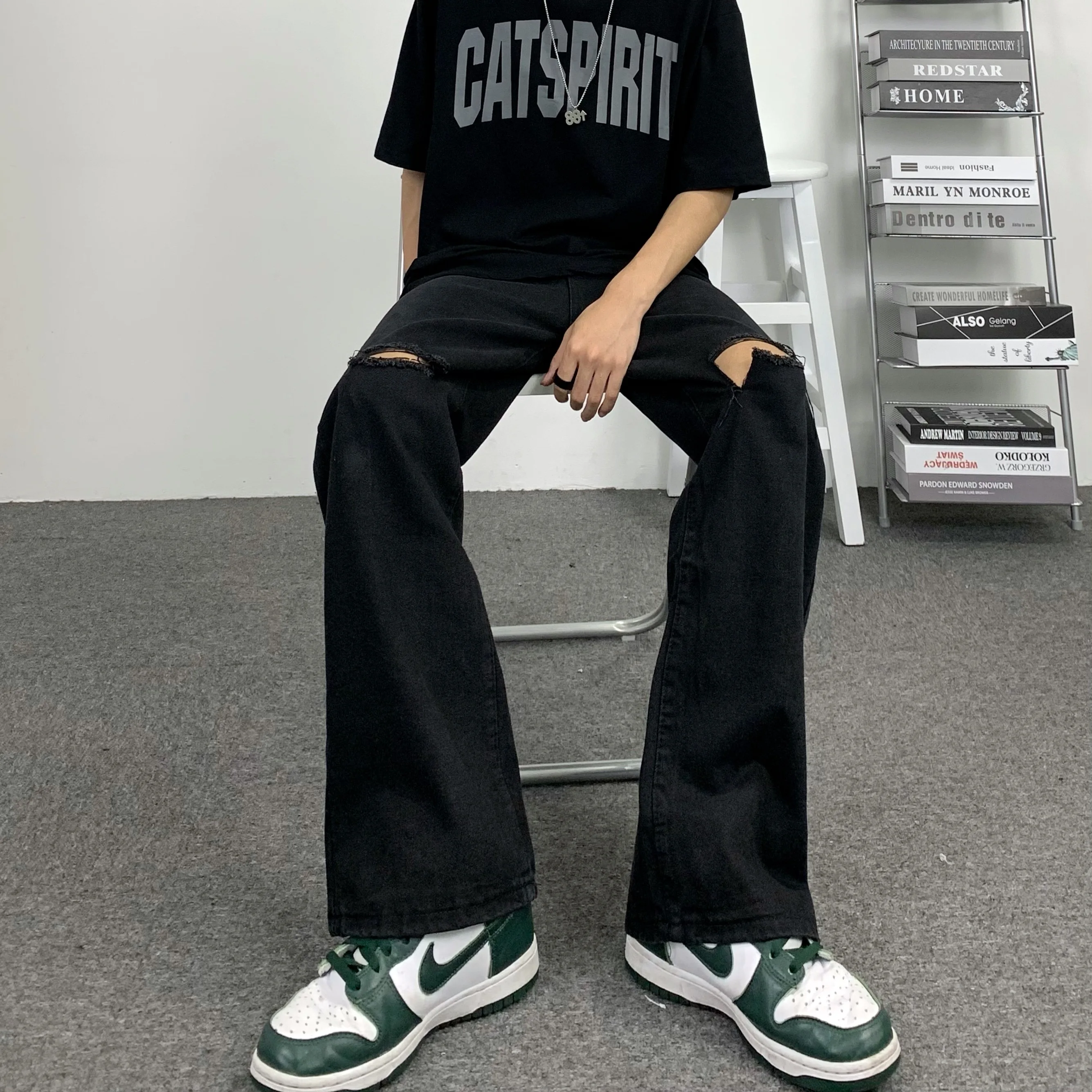 Pants Men's Jeans Hip Hop Korean Style Black Ripped Straight Jeans Loose Pants Women's Loose Jeans Y2k Men's Jeans Casual Men