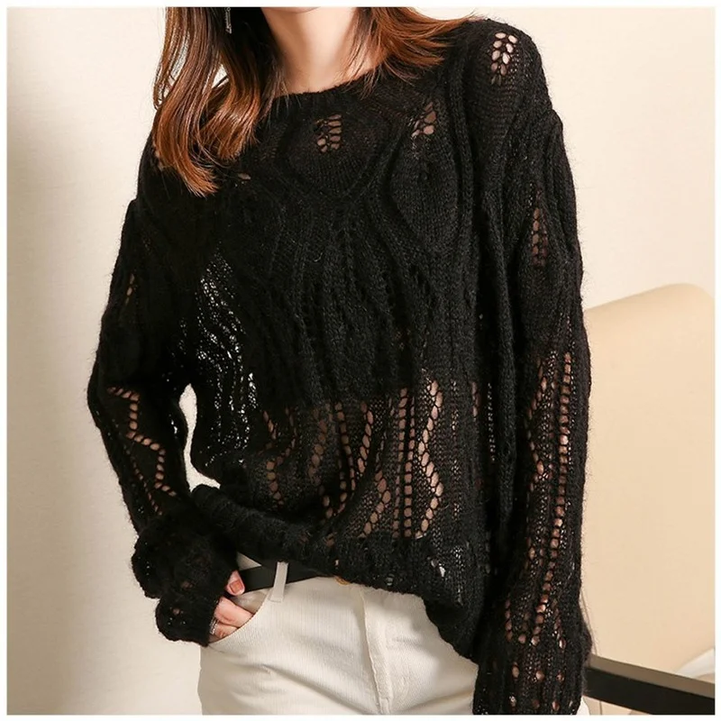 

Elegant Soft Mohair Sweater New Women Autumn Hollow Out Loose Sweater Knitted Pullover Outwear Fashion Ladies Casual OL Knitwear
