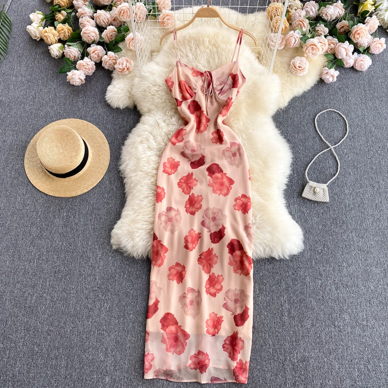 

Женское платье на бретелях, элегантное розовое платье с V-образным вырезом и принтом, размеры от S до 2xl, лето 2022