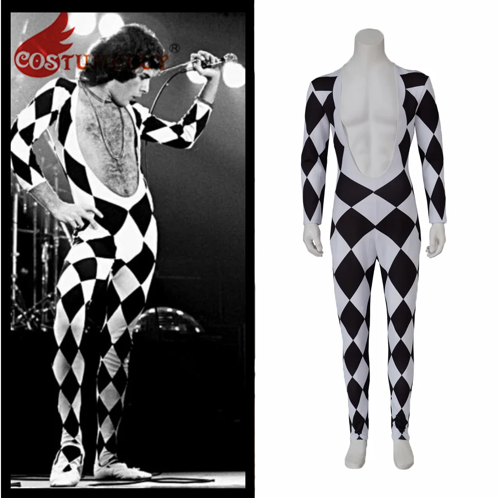 

Костюм для косплея Freddie Mercury, черно-белый женский сексуальный боди, мужской костюм для выступления на сцене и Хэллоуина
