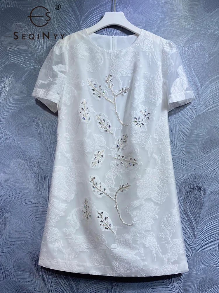 SEQINYY White Mini Dress Summer Spring New Fashion Design Women Runway High Street Beading Jacquard Vintage Flower Casual