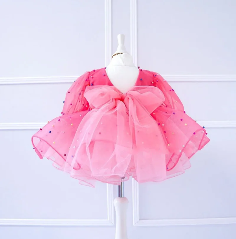 Новое поступление розовое детское платье для первого дня рождения с большим