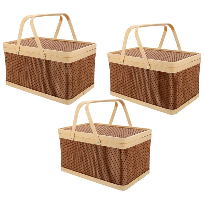 

3X Bamboo Portable Storage Basket Picnic Basket Snack Fruit Basket Home Kitchen Storage Basket Bedroom Storage Basket