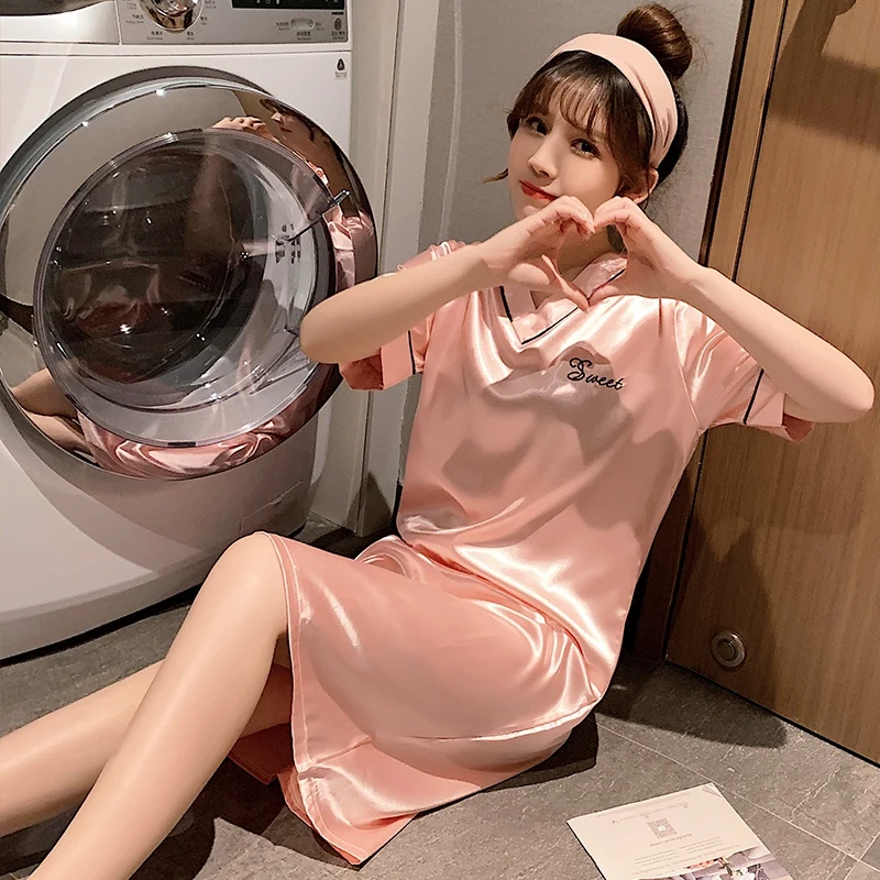 2022 Summer Plus Size Short Sleeve Sexy V-neck Silk Satin Nightgowns for Women Cute Sleepwear Nightdress Night Dress Home Nighty