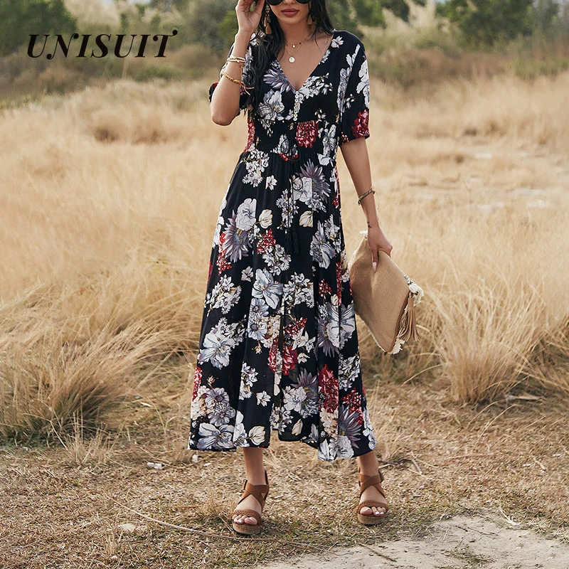 UNISUIT Spring Summer Long Floral Dress Women Sexy V Neck Short Sleeve Bandage Black Blue Yellow S -XL |
