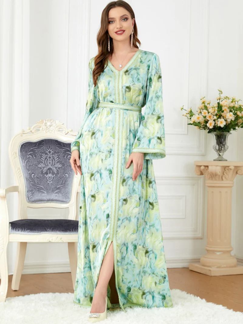 Abaya Dubai Muslim Arab Party Dresses V-Neck Elegant Floral Print Lace Tape Panel Belted Dress Islamic Clothing Woman Ramadan