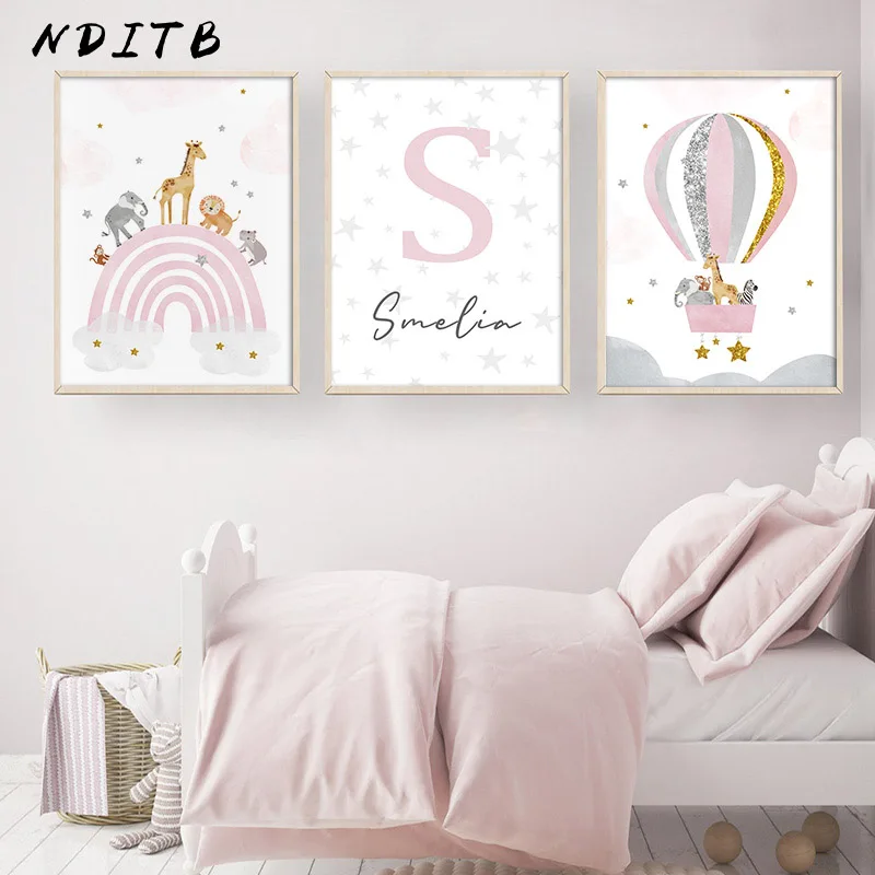 

Personalised Name Print Custom Poster Pink Rainbow Balloon Baby Nursery Canvas Painting Cute Wall Art Picture Girl Room Decor