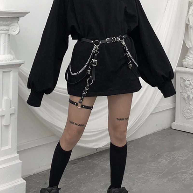 Women Skirt Belt Female PU Leather Hiphop Rock Nightclub Sexy Simple Fashion Jeans Dress Heart Punk Belt With Metal Waist Chain