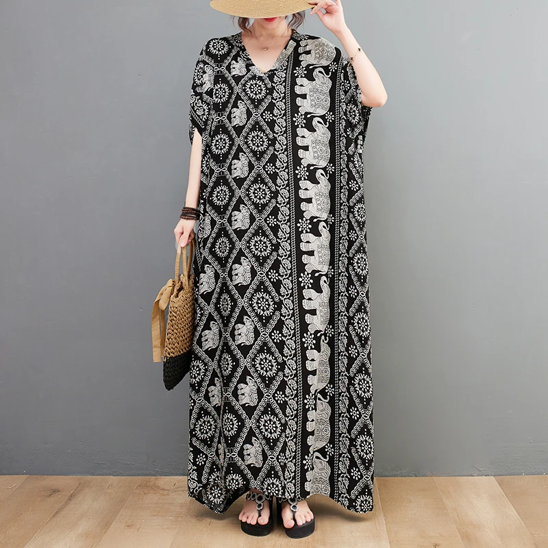 

Summer New Women's V-neck Animal Print Dresses Women Big Size Maxi Dresses Lady Comfortable Elephant Printed Robe