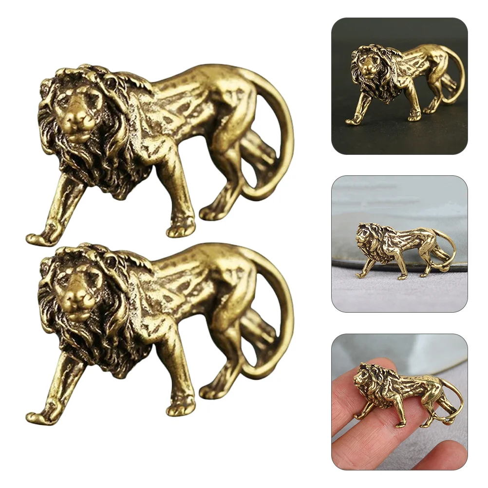 

2 Pcs Accessories Lion Ornament Retro Keychain Brass Wild Animal Sculpture Desktop Decoration