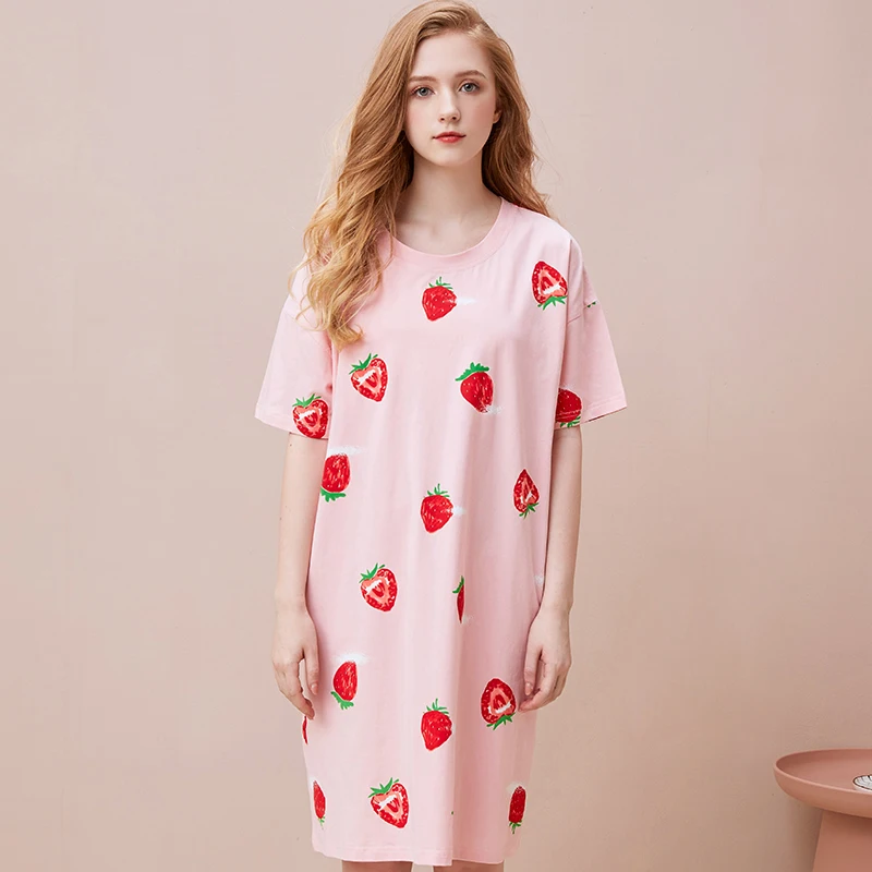Women Nightgowns Cotton Nightdress Cute Cartoon Nightwear Sweet Princess Short Sleeve Sleepwear Loose Spring Homewear Nightshirt