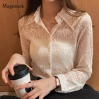 Размера плюс Весенняя кружевная рубашка на пуговицах, модная шикарная белая блузка с цветочной вышивкой, женские корейские Топы с длинным рукавом, 13125