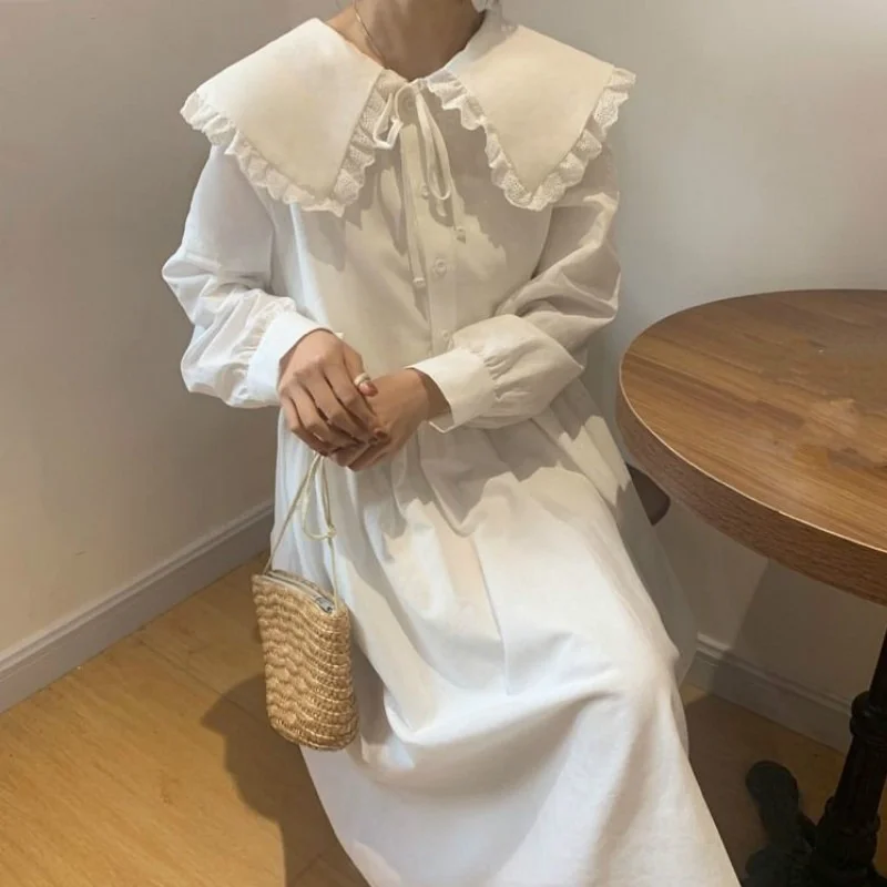 

Women Y2k Spring White Dress Long Sleev Fairy Peter Pan Collar Lace Elegant Solid Lovely maxi length Retro Chic Vintage Dress