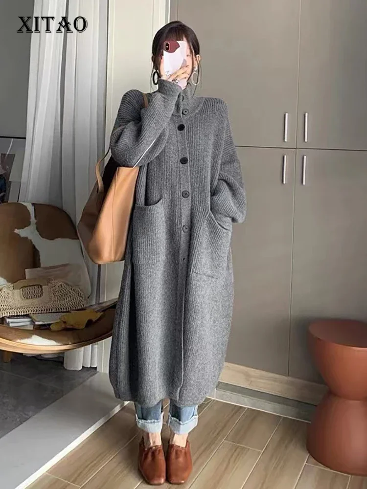 

XITAO, однотонный вязаный кардиган с карманами, водолазка, однобортное длинное платье свободного покроя, новинка 2023, Универсальная Мода ZZ0266