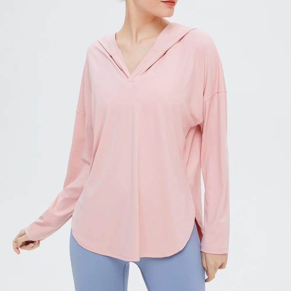 

New Long Sleeve T-Shirt Sports Fitness Top Hooded Loose Long Sleeve