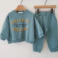 2022 childrens korean clothing set simple loose letter terry cotton sweater casual two piece set wholesale clothing