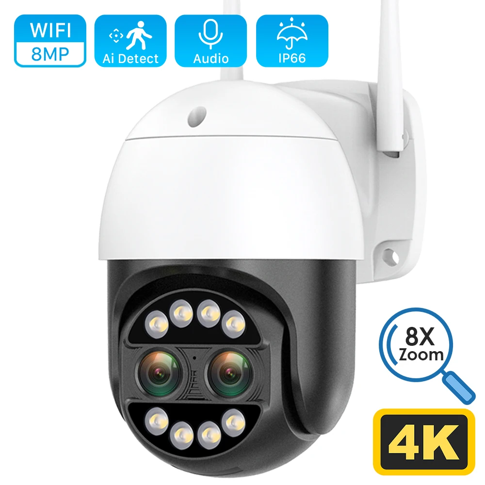 Telecamera IP 8MP 4K telecamera CCTV di sicurezza WiFi telecamera a doppia lente a colori per visione notturna 4MP 2K 8X Zoom digitale IP66 telecamera di sorveglianza esterna