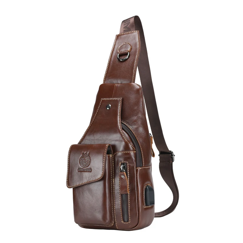 Men Original Chest Bag Real Leather Crossbody Chest Sling Bag USB Design Travel One Shoulder Bag Daypack Male Vintage Chest Pack