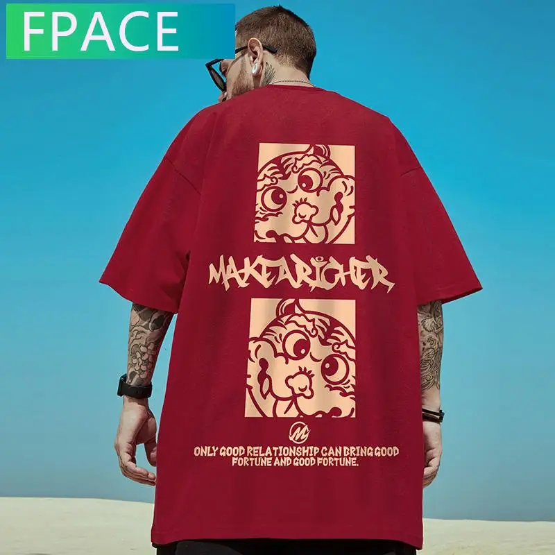 

FPACE 2022 Summer Cute Tiger Print Tshirt Couple Loose Tees Shirts Casual Hip Hop Tshirt Cartoon Printing High Street Tops Men