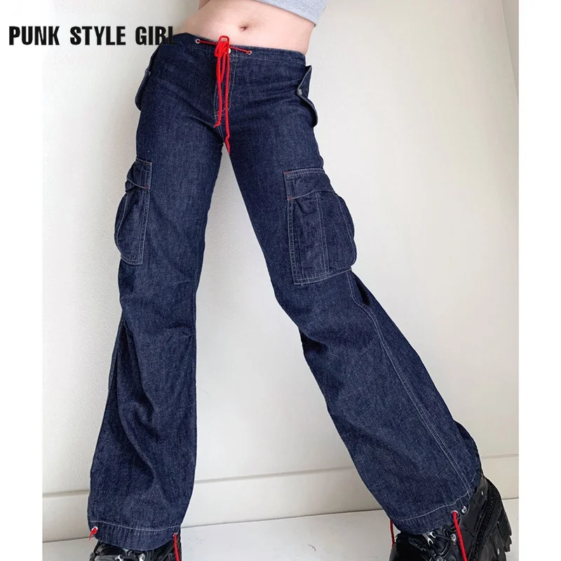 

Cyber Y2k Bule Casual Jeans Women Vintage Pocket Denim Pants Solid Women Harajuku 90s Korean Trousers Bandage Baggy Pant Alt