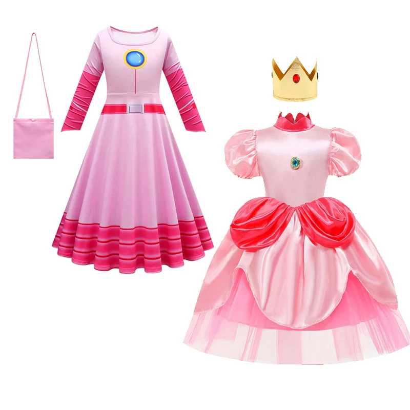 

Princess Cos Peach Cosplay Costume Dress Bag Kids Pink Gauze Dress Skirts Outfits Halloween Carnival Party Suit For Little Girl