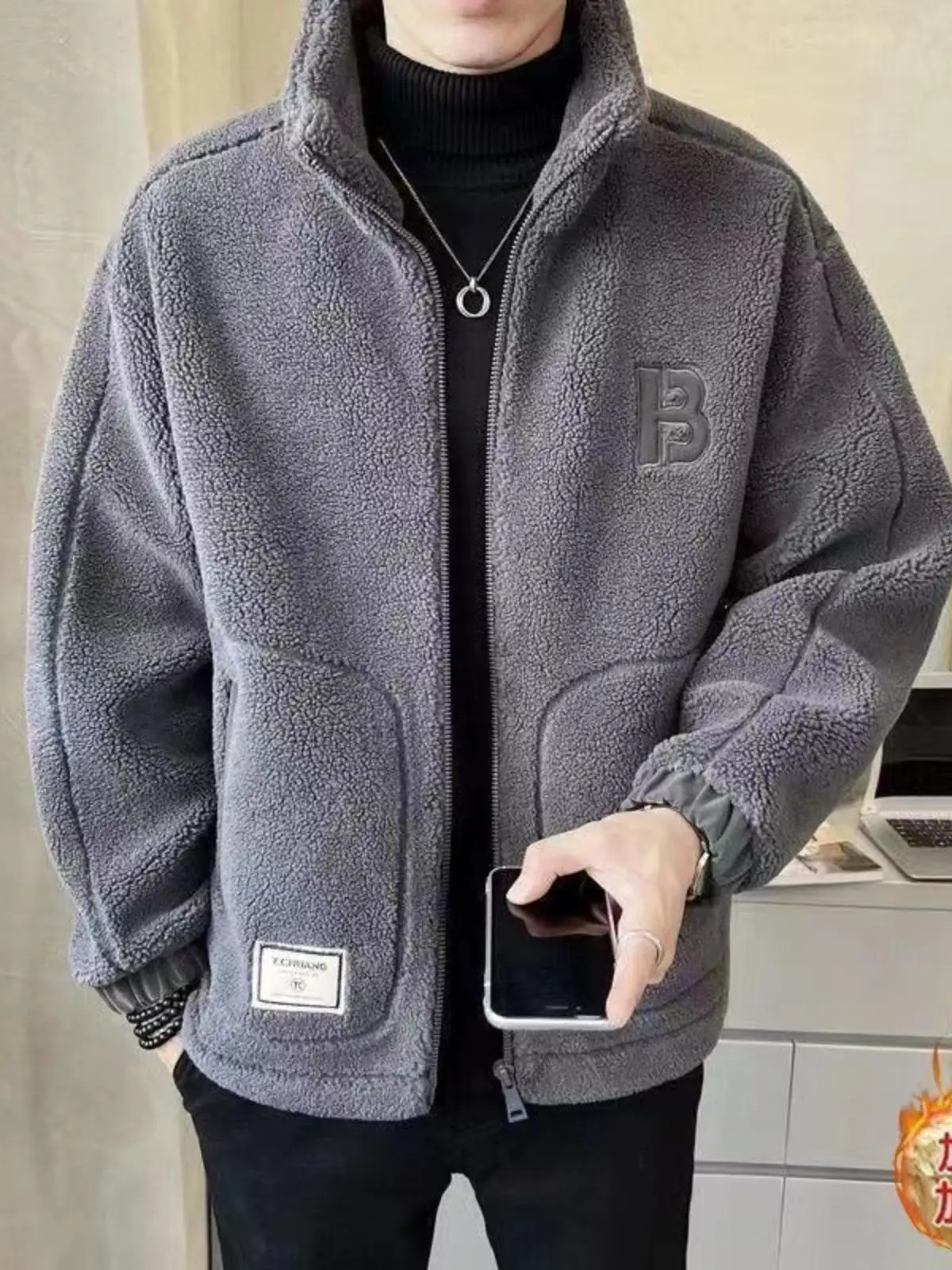 2024 Men's Autumn and Winter New Imitation Outerwear Stand Collar Trend Fleece-lined Thickened Clothing Winter cl...