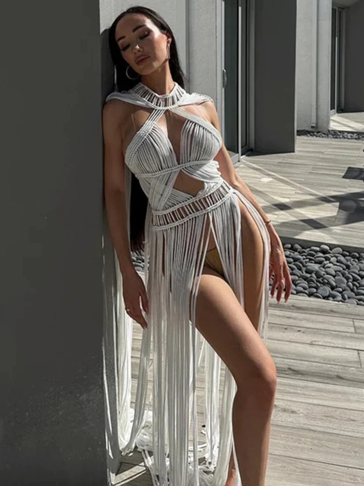 

Женское длинное платье с высоким воротником, соблазнительное дизайнерское Белое Прозрачное Платье макси с бахромой, летнее подиумное вечернее праздничное платье для ночного клуба