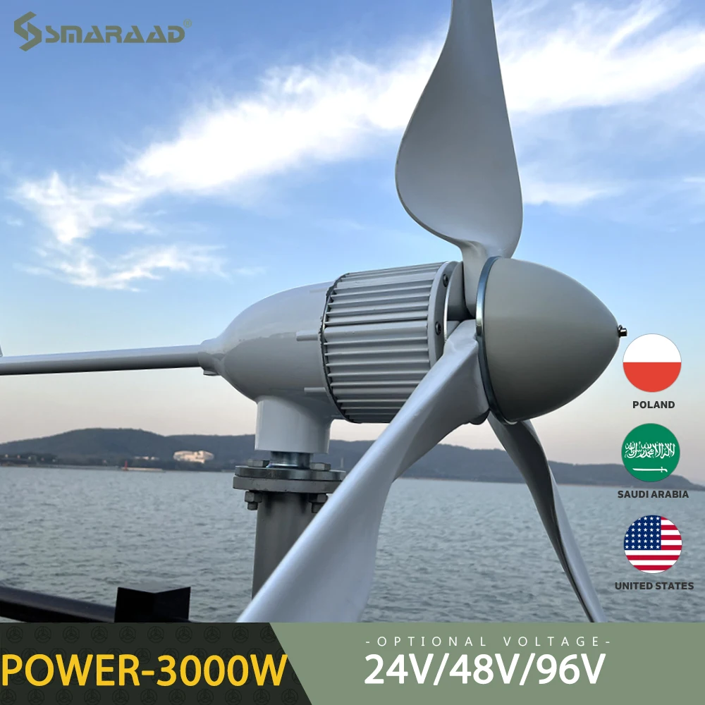 

Horizontal Wind Turbine Generator Windmill 3000W 24V 48V 3 Blades With MPPT Charger Controller and Off Grid Inverter System