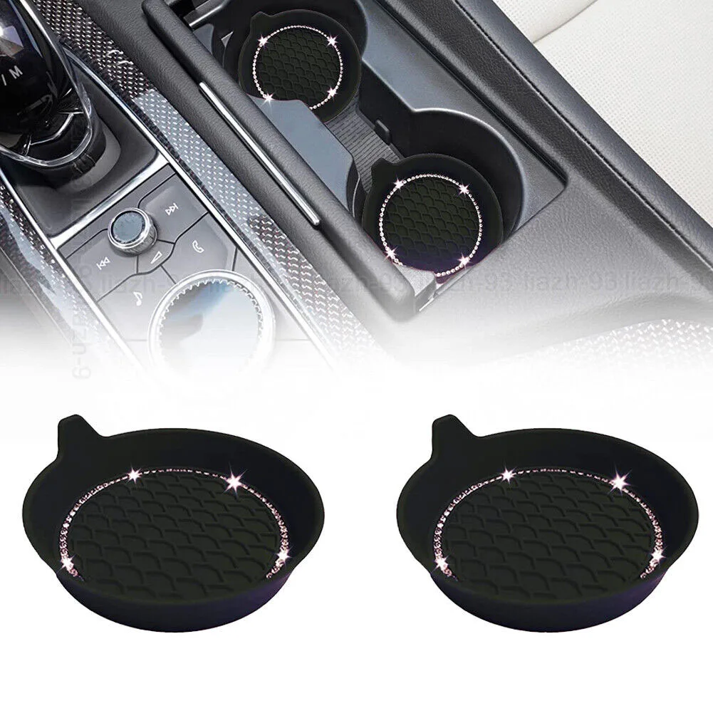

2 Pcs 8x3cm Black Bling Car Cup Holder Coasters With Non-Slip Base Coaster Universal Cup Holder Drink Pad Car Interior Parts