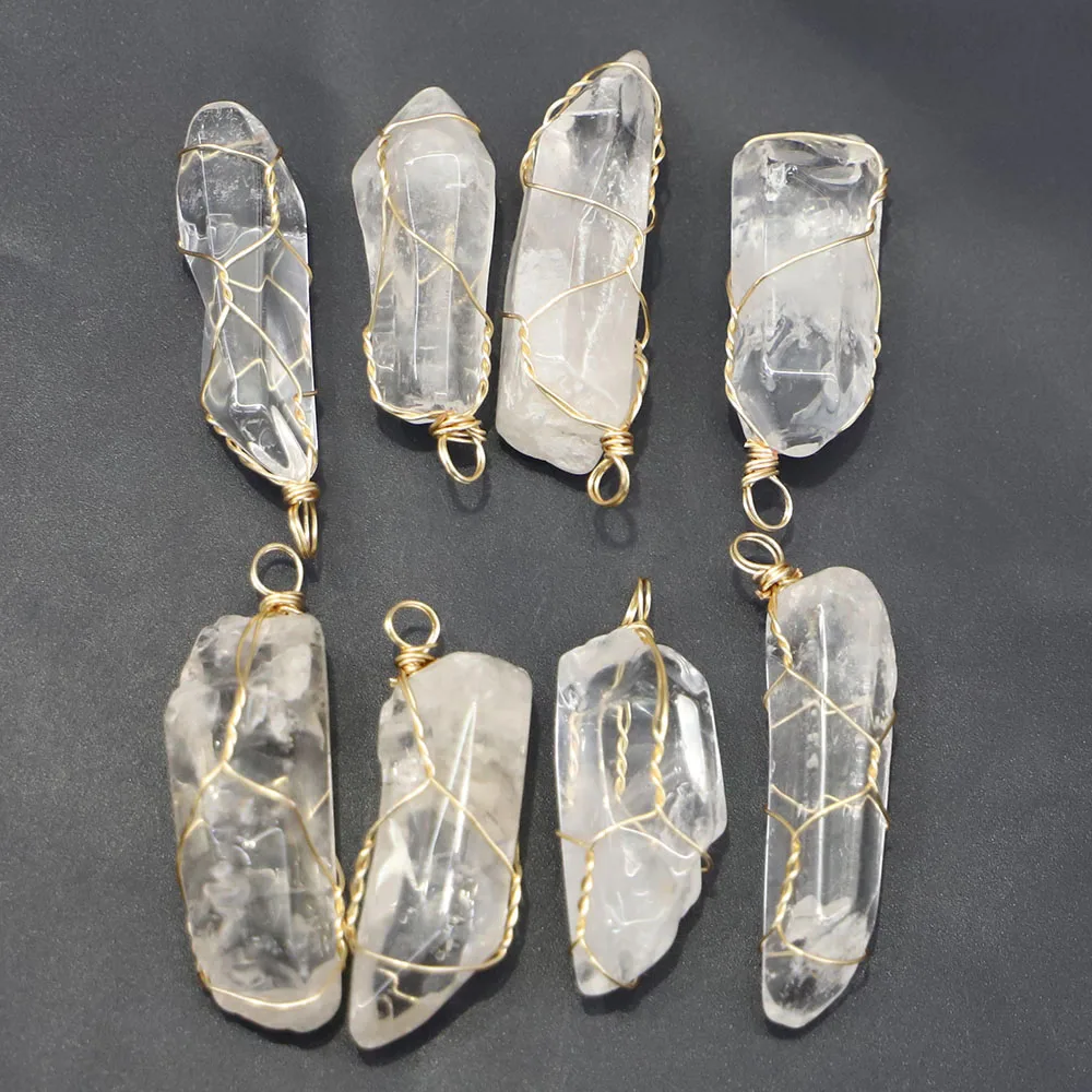 Natural White Crystal Column Irregular Pendant Wrapped Silk Energy Raw Stone Necklace DIY Jewelry Accessories Wholesale 10Pc/Lot