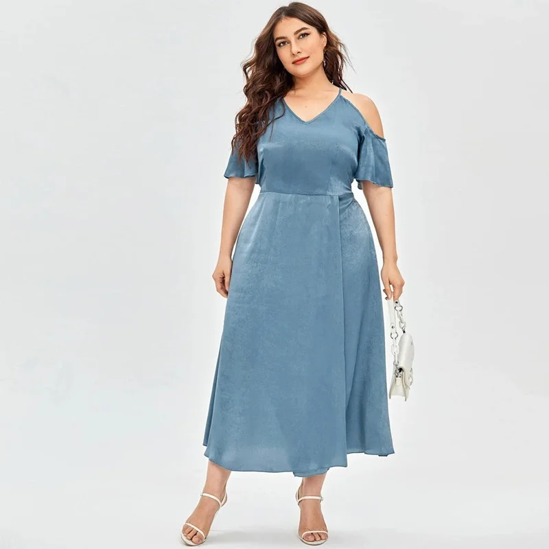 European and American Large Women's 2023 Summer New Fashion Casual V-neck Short Sleeve Off Shoulder High Waist Large Vestidos