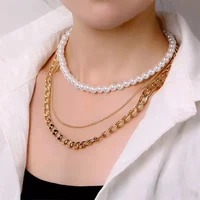 kose new fashion trend jewelry ladies clavicle chain retro creative simple wind pearl chain three layer necklace women jewelry