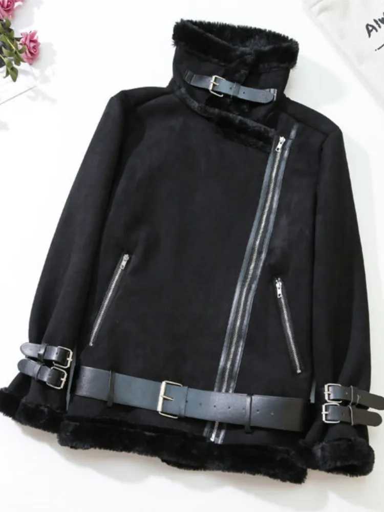 Куртка женская из искусственной кожи зимняя свободная искусственного меха
