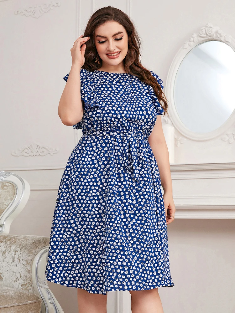 Plus Size For Women Clothing 2022 Summer Casual Flowers Short Sleeve O Neck Dress Fashion Women's Elegant Dresses