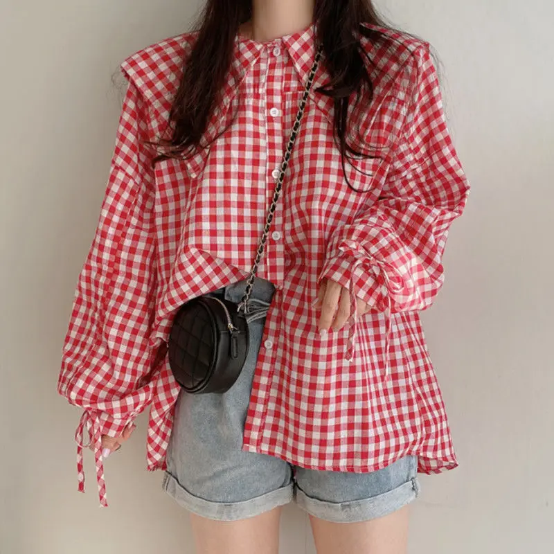 BiggOrange Корейская нишевая ретро черно-белая клетчатая рубашка с большими