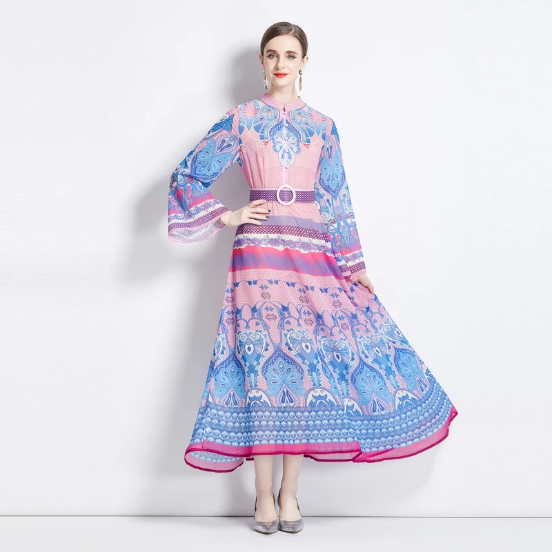 

Runway Designer Fashion Vintage Floral Print Maxi Long Party Dresses Chiffon Pleated Flare Sleeve Belt Largo Vestidos Robe M2329