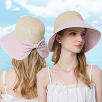 new2022 women straw hat patchwork bucket hat bowknot big brim basin cap foldable beach outing sun cap rear fork travel visors