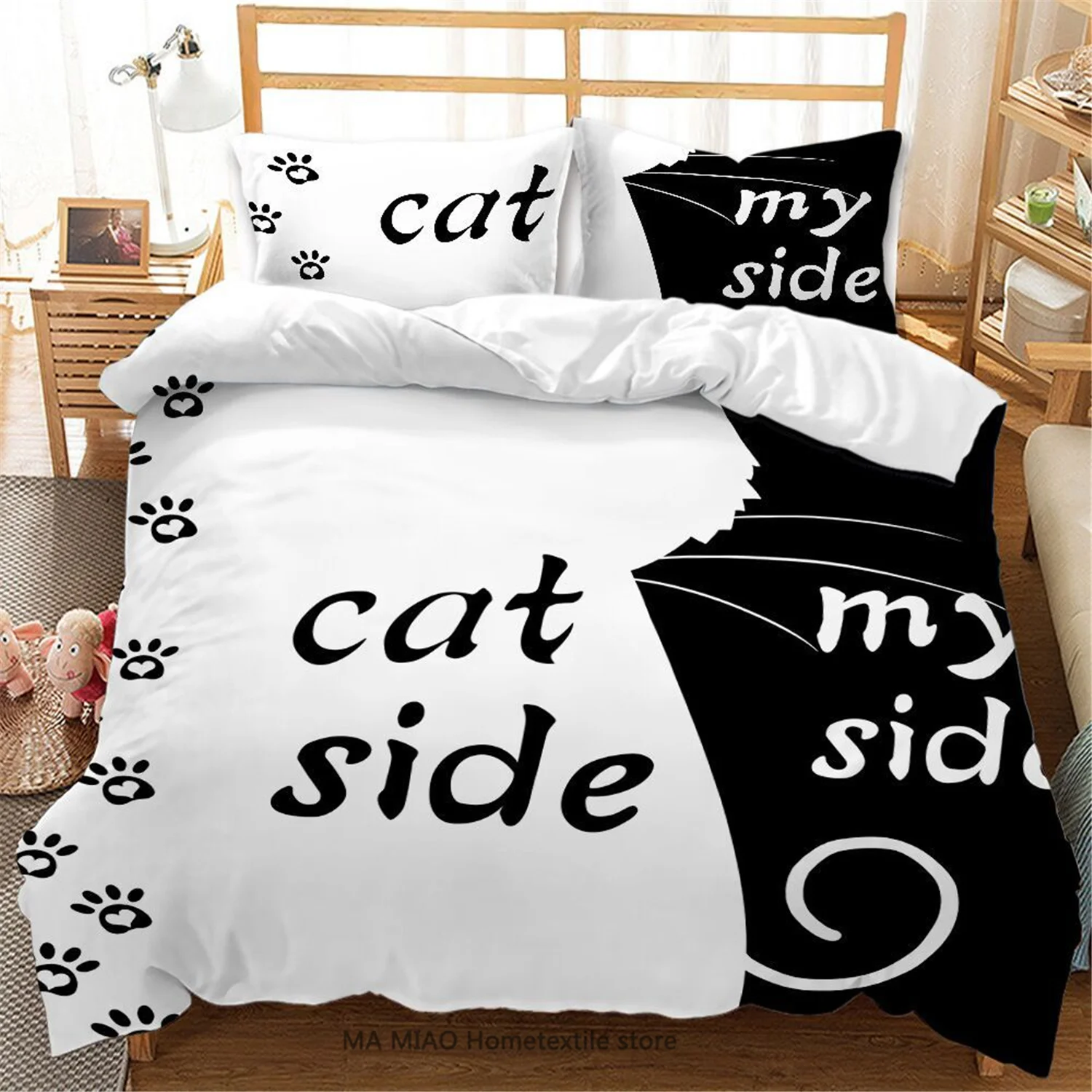 

2/3 pcs New Black & White Duvet Cover Soft Microfiber Quilt cover Set Creative Dog/Cat Side With My Side Couple Bedding Set