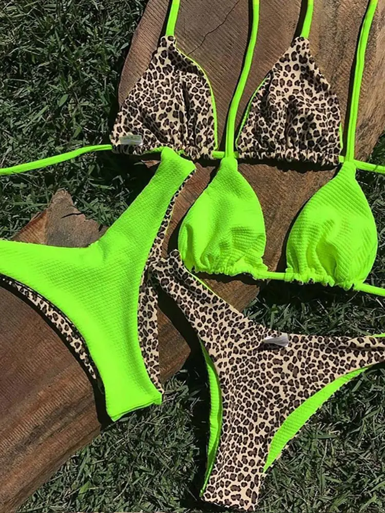 

Sexy Bikinis Leopard Bikini Set Women Swimsuit Ribbed Fabric 2022 Women'S Swimwear Wear On Both Sides Biquini String Beachwear