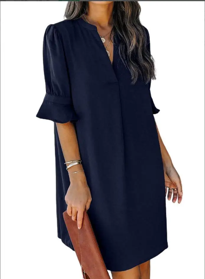

Womens V Neck Ruffle Short Sleeve Simple Solid Color Casual Summer Dress