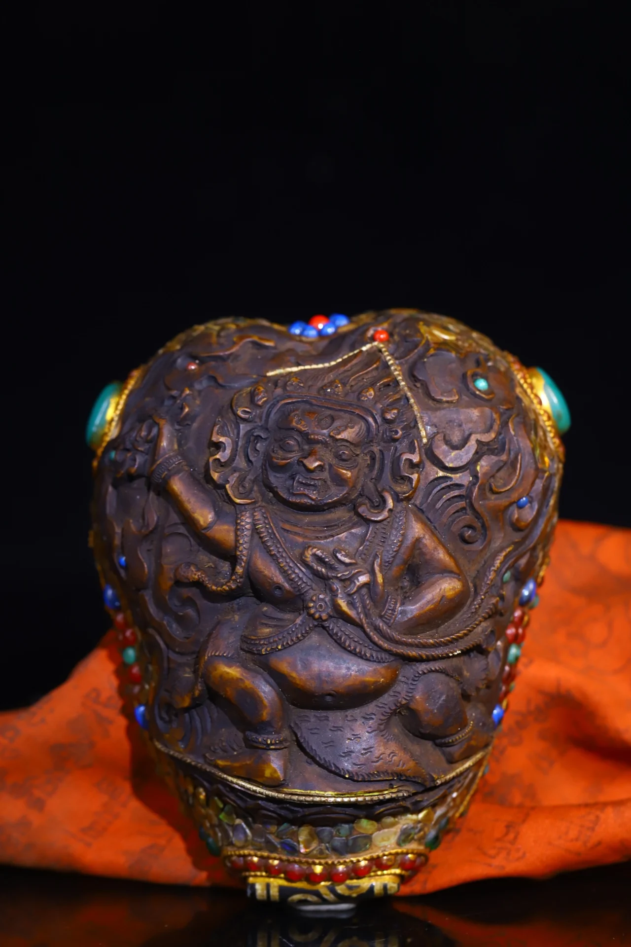 

4"Tibetan Temple Collection Old Natural Gabbra Mosaic Gem gZi Beads Shell Vajrapani Kapala Skull Cup Sacrificial Bowl Town house