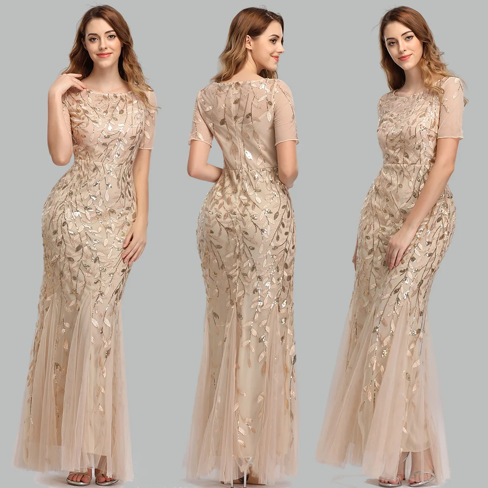 

Spring Summer 2022 Banquet Host Europe and The United States Slim Mesh Gauze Sequined Evening Dress Fishtail Dress Woman