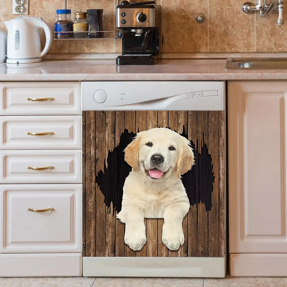 

Lovely Dogs Animal Dishwasher Cover Magnetic Decorative Sticker,Golden Retriever Fridge Door Cover Sheet, Moms Gift, Wood Backg