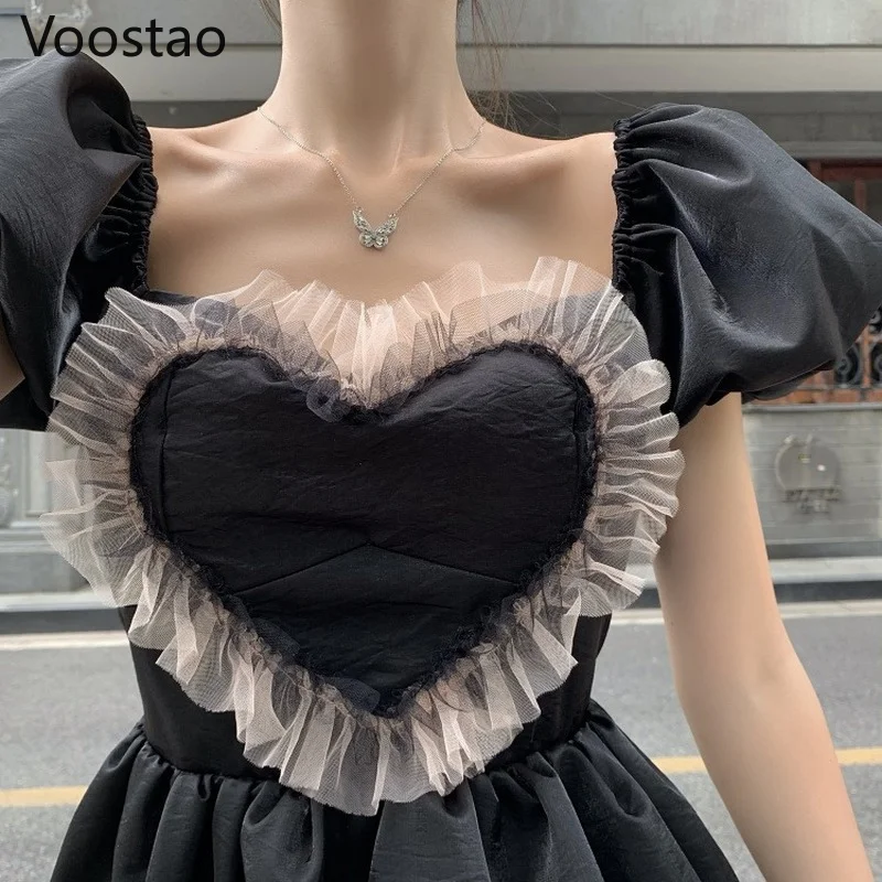 Женское мини-платье с пышными рукавами летнее милое черное вечерние кружевными