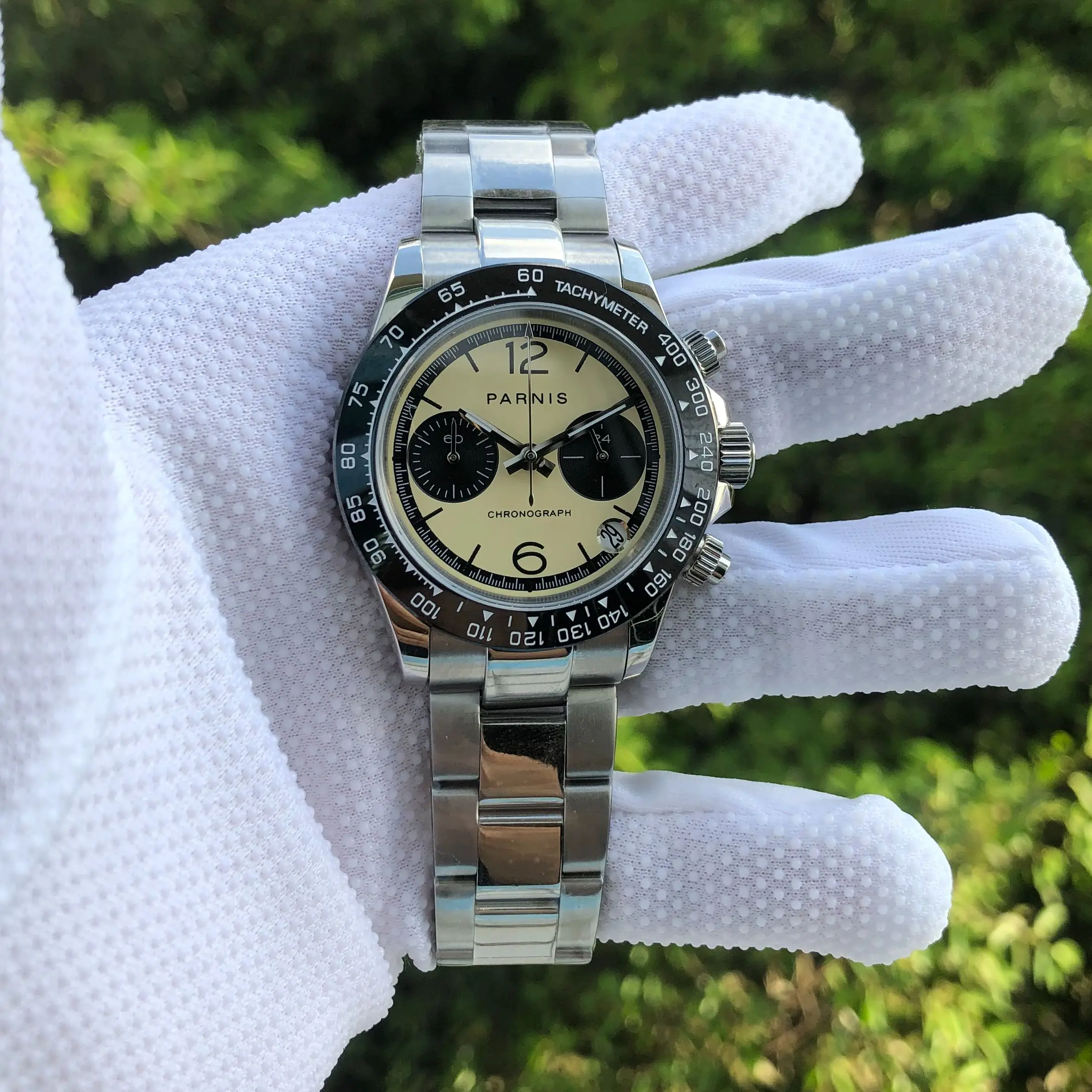 Модный мужской кварцевый хронограф Parnis с желтым циферблатом диаметром 39 мм