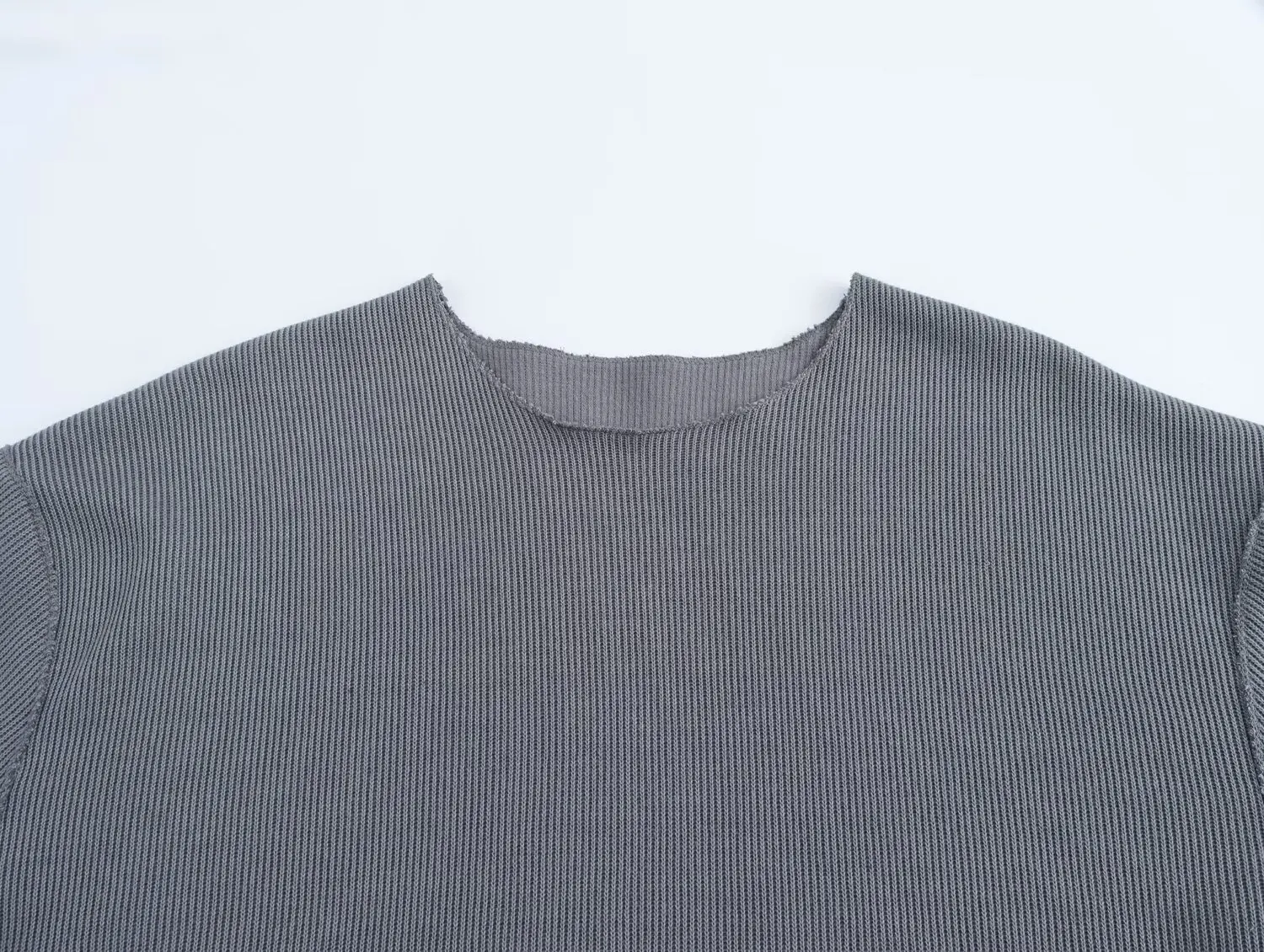 TRAFZA Шикарный вязаный однотонный серый повседневный женский костюм с коротким