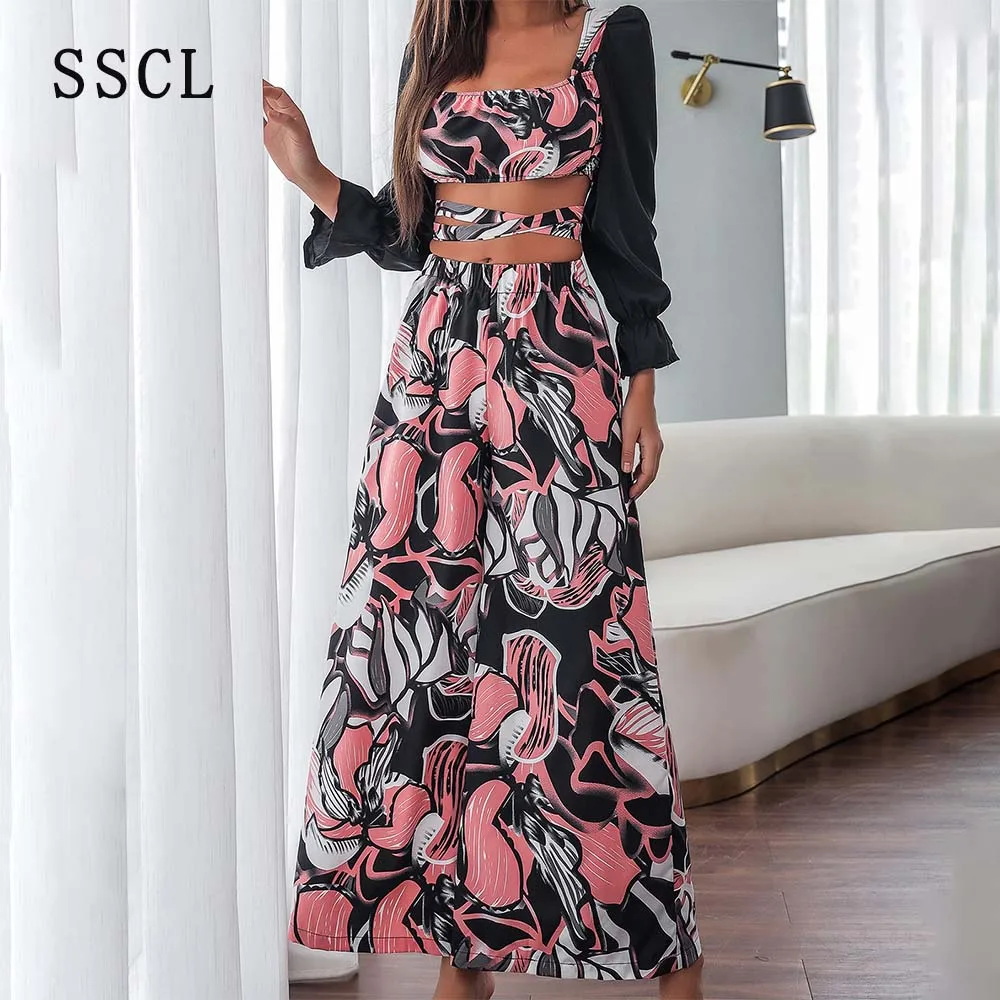 

Комплект из двух предметов SSCL Женский, элегантный пикантный Топ с длинным рукавом, укороченные Топ с широкими штанинами, длинные брюки