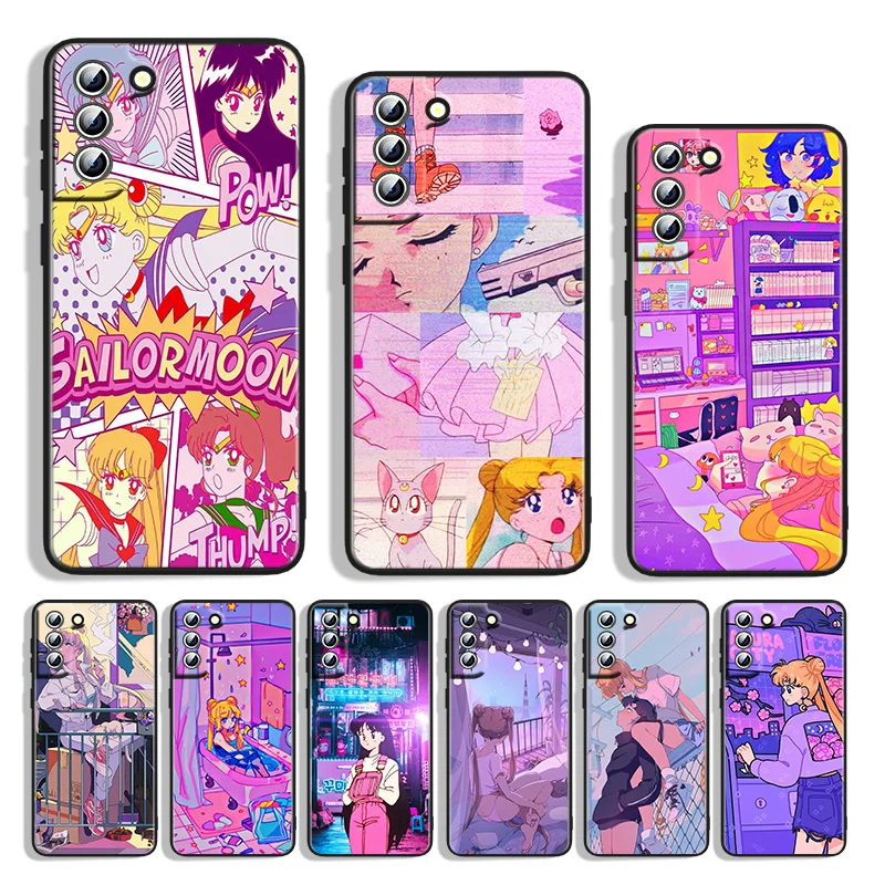

Silicone Cover Anime Sailor Moon For Samsung S22 S21 S20 FE Ultra S10e S10 S9 S8 S7 S6 Edge Plus Black Phone Case