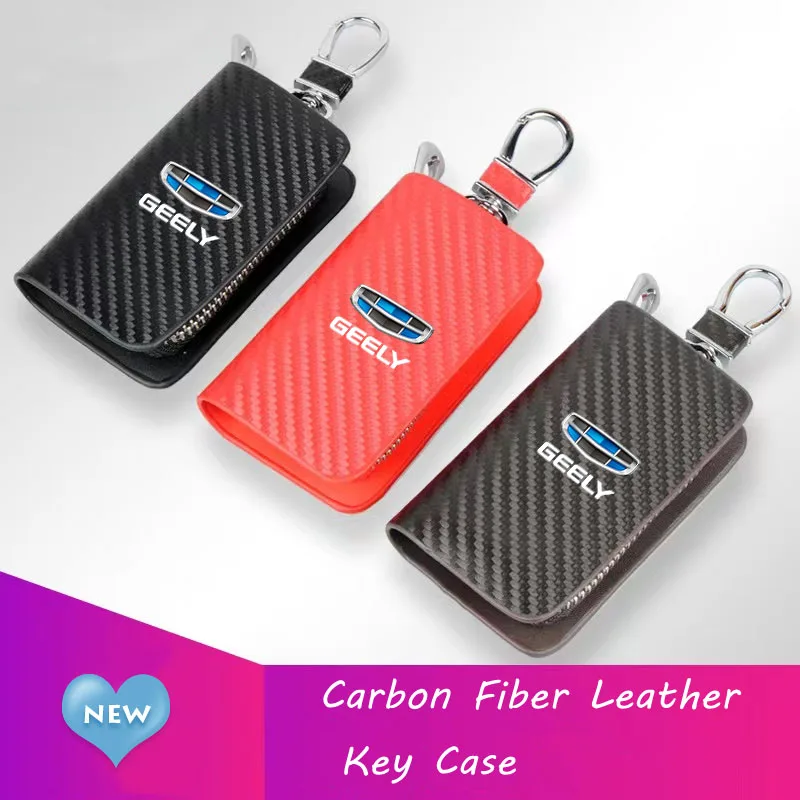 

Leather Carbon Fiber Car Key Case Men Ladies Key Storage Bag for GEELY GX3 Geometry CK Coolray Atlas Emgrand EC7 Car Accessories