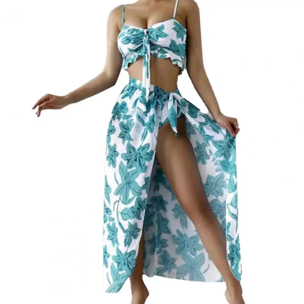 

Женский купальник 3 шт./компл. комплект бикини с красочным цветочным принтом на тонких бретельках со шнуровкой, купальная одежда, юбка для пл...